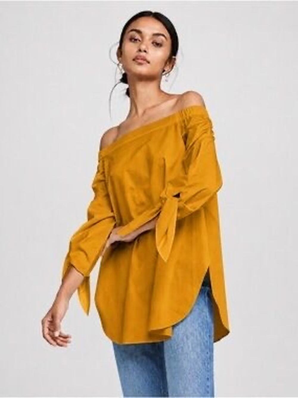Tibi Owen Tie Sleeve Off the Shoulder Billowy Oversized Mustard Blouse 12